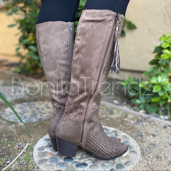 Taupe Vegan Suede Peep Toe Laser Cut Riding Boots - Picture 5 of 6